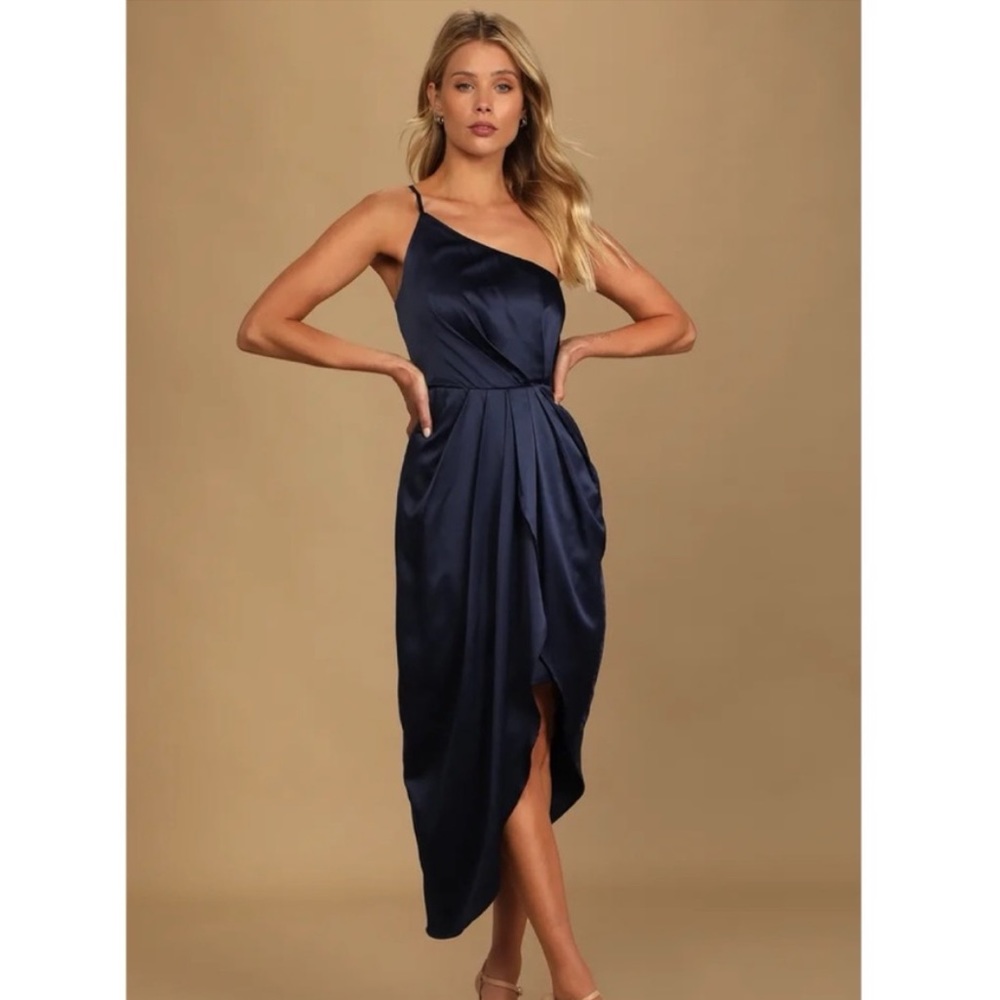 Lulus Law of Attraction Navy Blue Satin Asymmetrical Midi Dress large